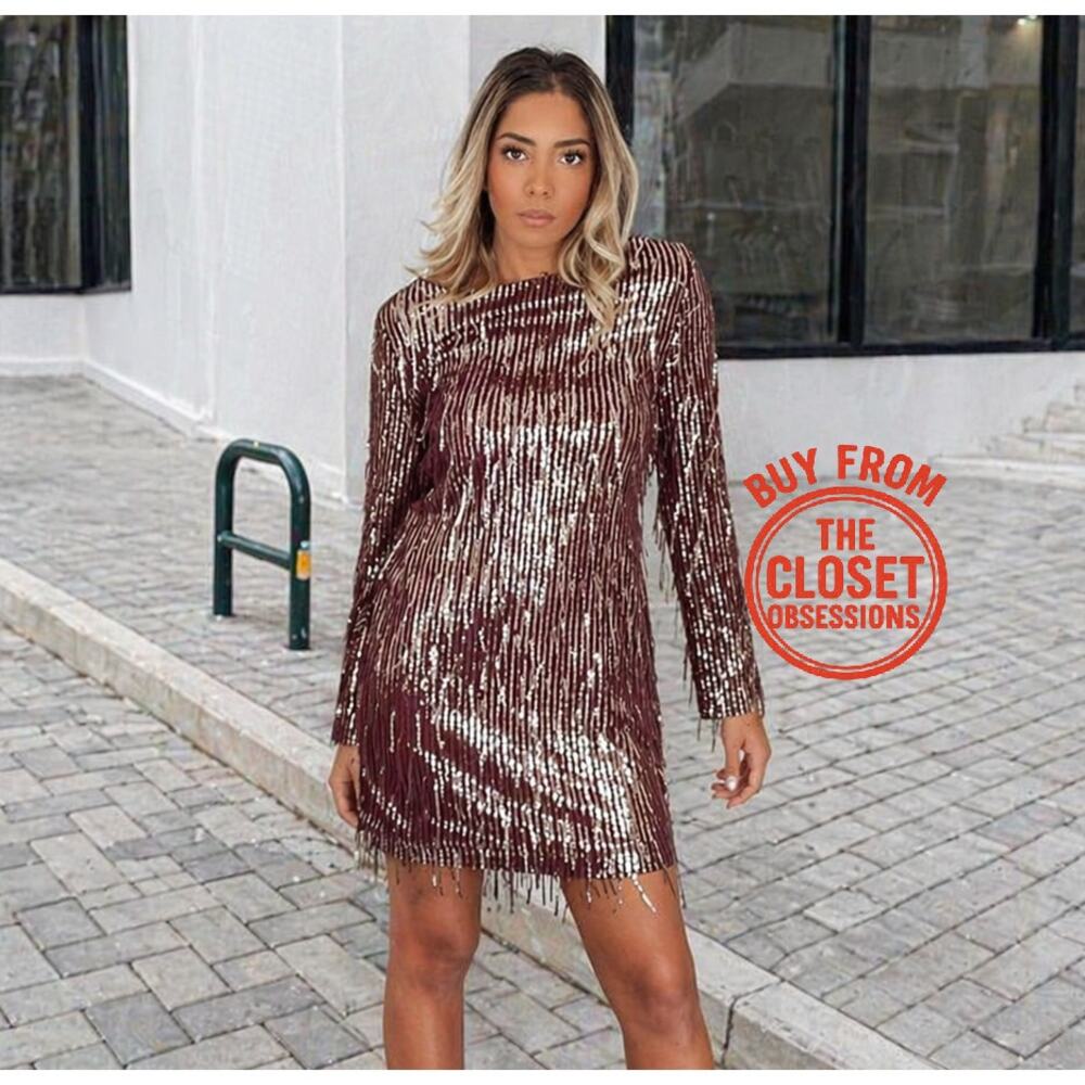 Zara NWT Burgundy Metallic Long Sleeve Party Mini Dress M - Picture 5 of 16